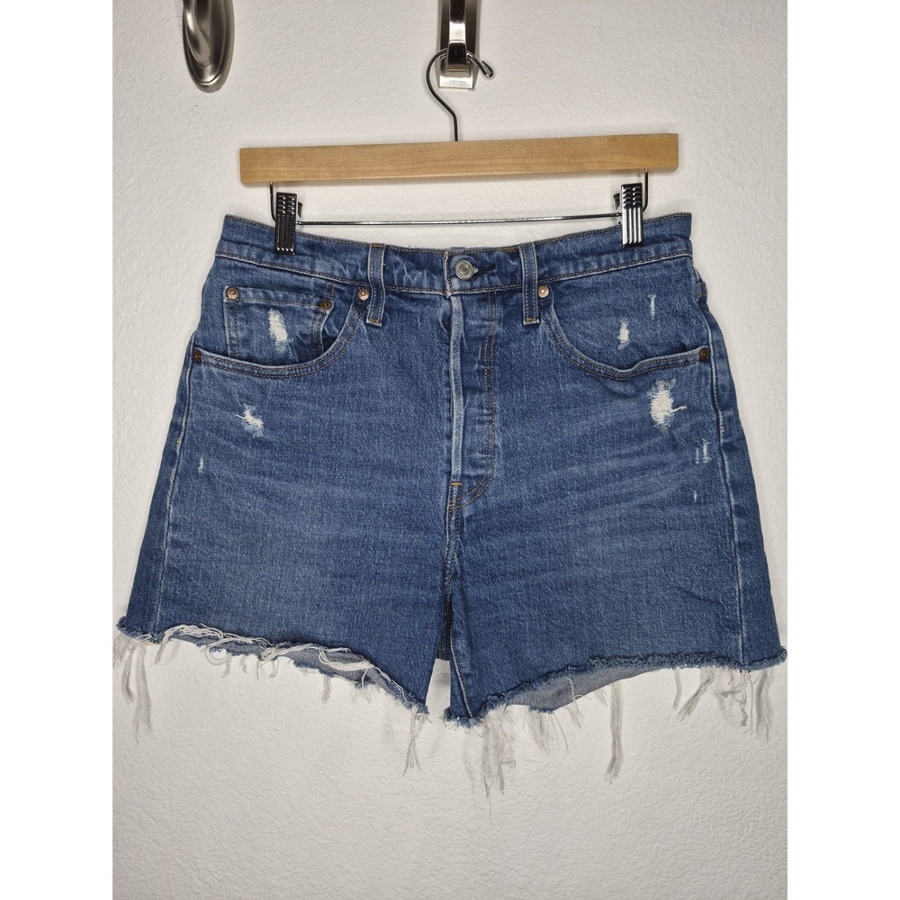Levis 501 Premium High Rise Distressed Denim Shorts Light Wash Blue W30